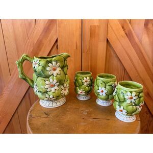 Vintage 1960’s Inarco Green Ceramic Daisy Pitcher and Cup Set/Mid Century Cerami